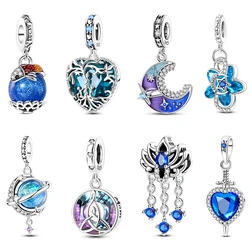 Magical 925 Silver Glass Blue Gem Lotus Planet Moon Charms Beads Fit 3mm 925 Original Bracelets Fine DIY Party Jewelry Gifts