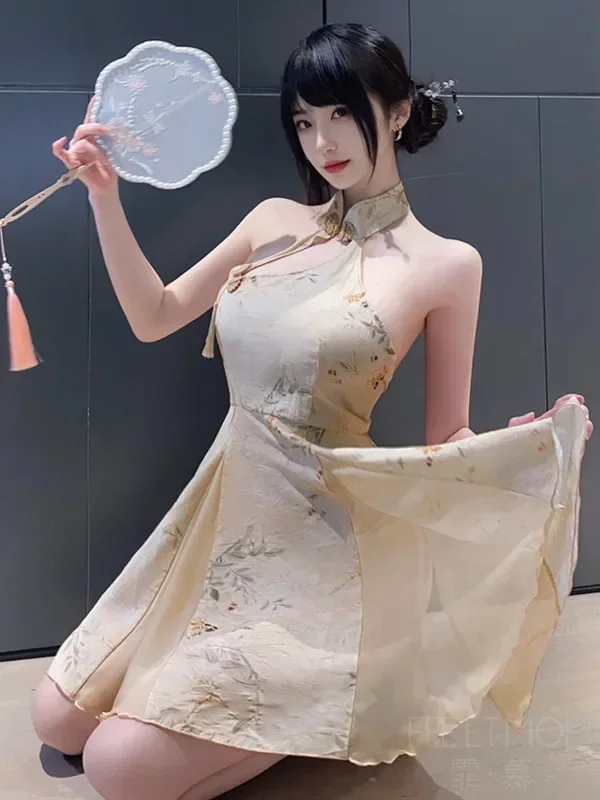 Exotic Summer Fashion Womens Clothing new Classical Sweet Chinese Style Hanging Neck Wide Truffle Back A-line Elegant Dress