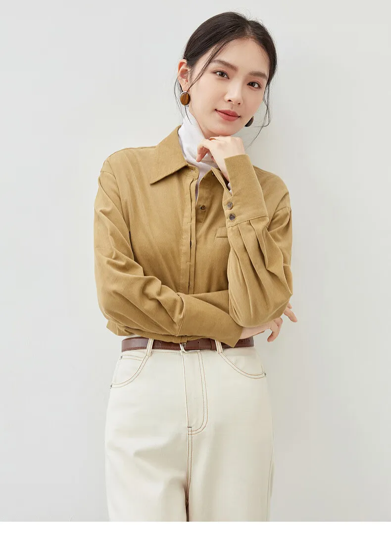 SENTUBILA100% Cotton Shirt Casual Oversized Turn Down Collar Corduroy Blouse Women Drop Sleeve 2024 Autumn Clothing 143C56910