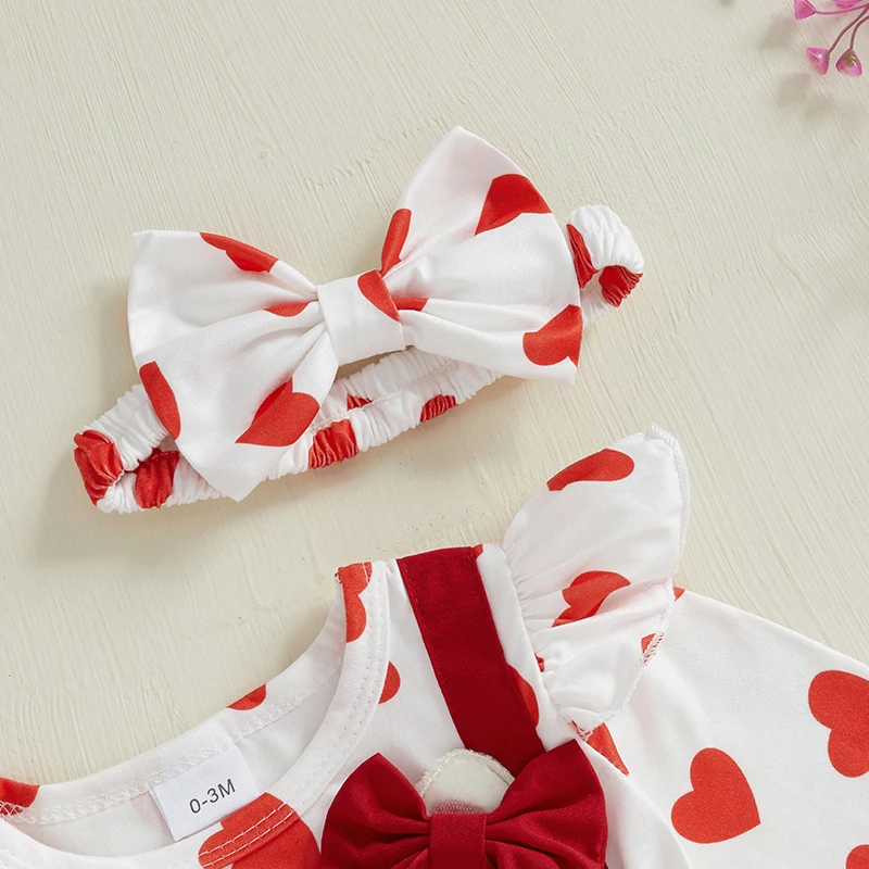 Newborn Girl Outfit Long Sleeve Cartoon Cat Heart Print A-line Romper Dress with Bowknot Headband Valentine’s Day Clothes