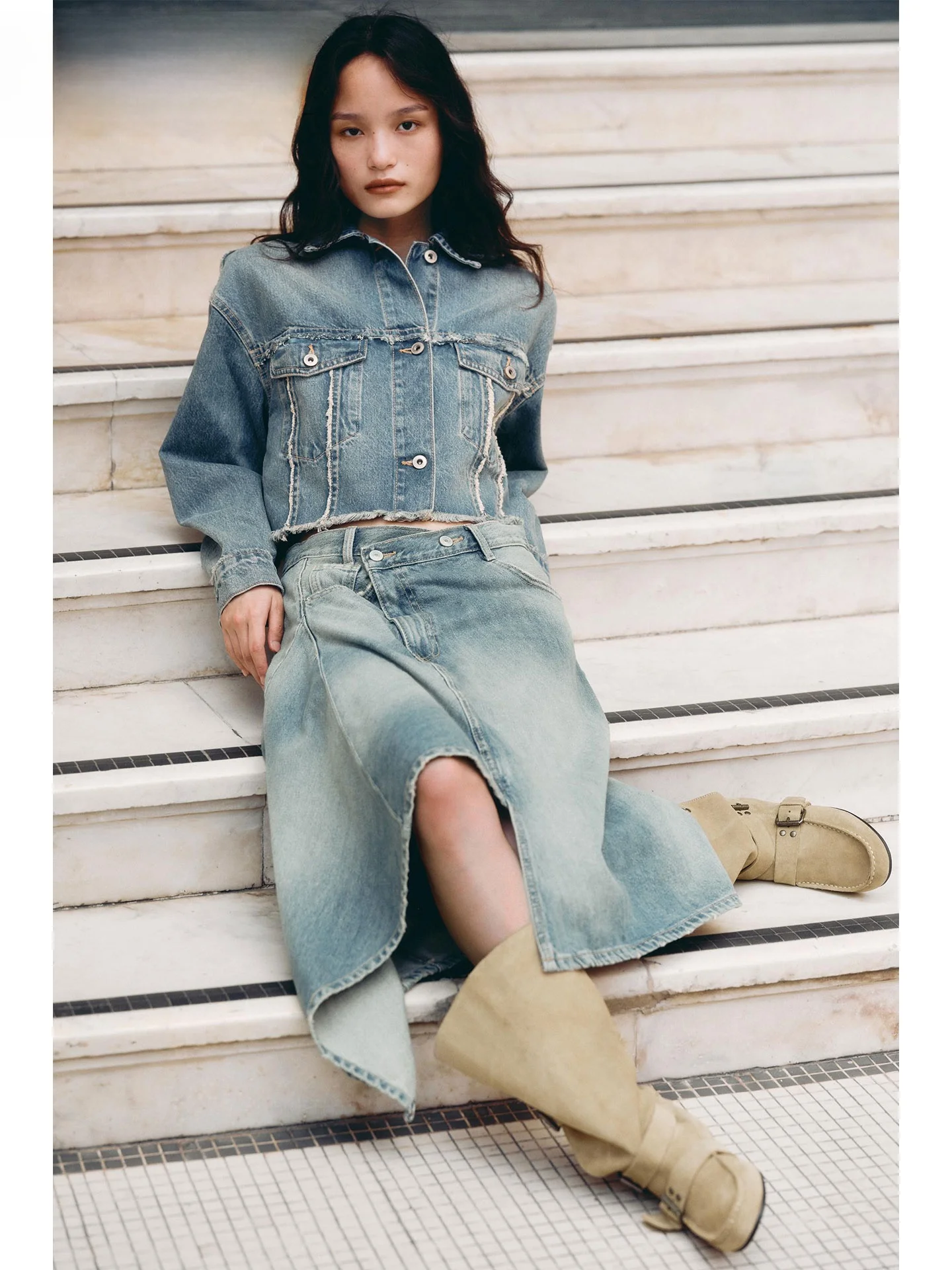 ZAPRHA2025 automne nouveau Double boutonnage a-ligne jupe Midi taille asymétrique conception décontracté dames f-longue Denim jupe