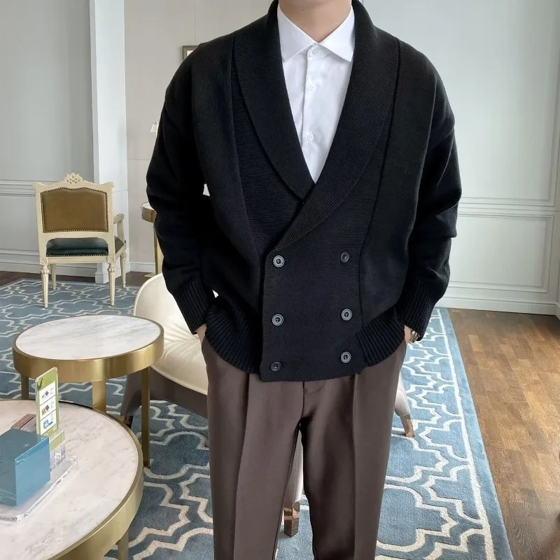 

Мужской приталенный вязаный кардиган с v-образным вырезом - двубортный свитер с длинными рукавами, теплый осенне-зимний повседневный топ в корейском стиле