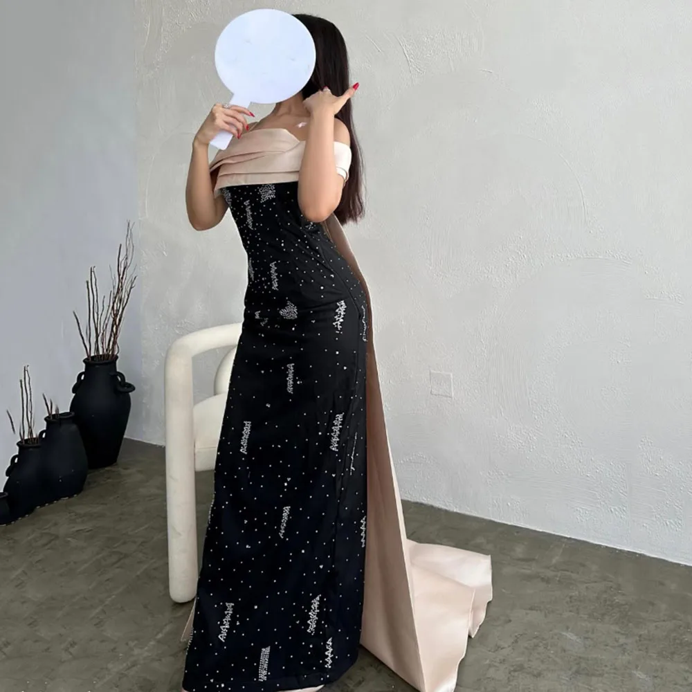 

Customized Black Jersey Off the Shoulder Evening Dress Sequined Beading Floor Length Sweep Train Party Prom Gown For Women