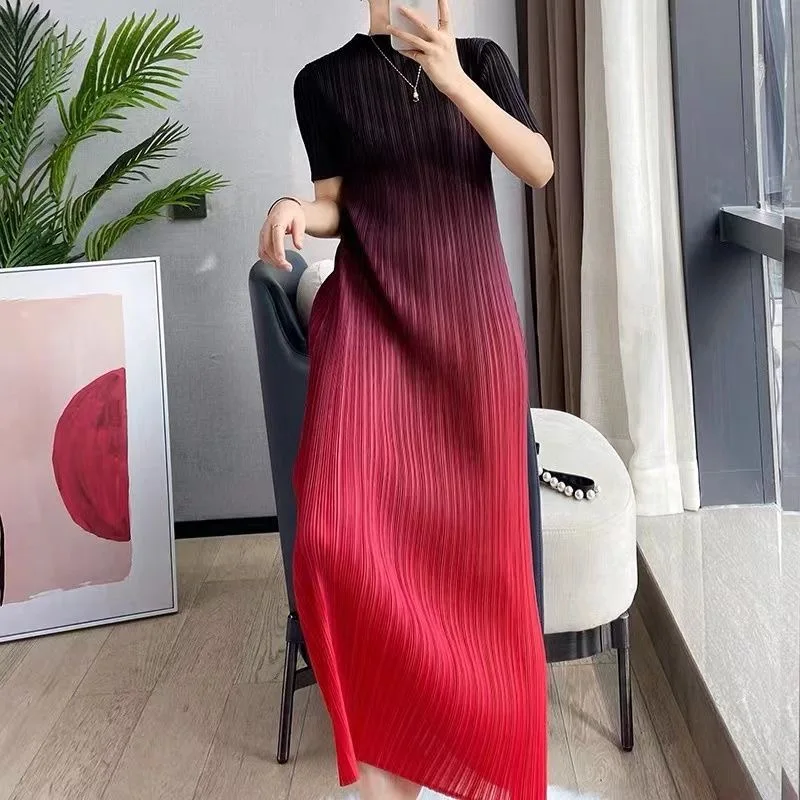Classic Japanese Pleats Please Pleated Gradient Color Plus Size Issei Long Dress For Women Elegant Top Skirt One Piece Clothes