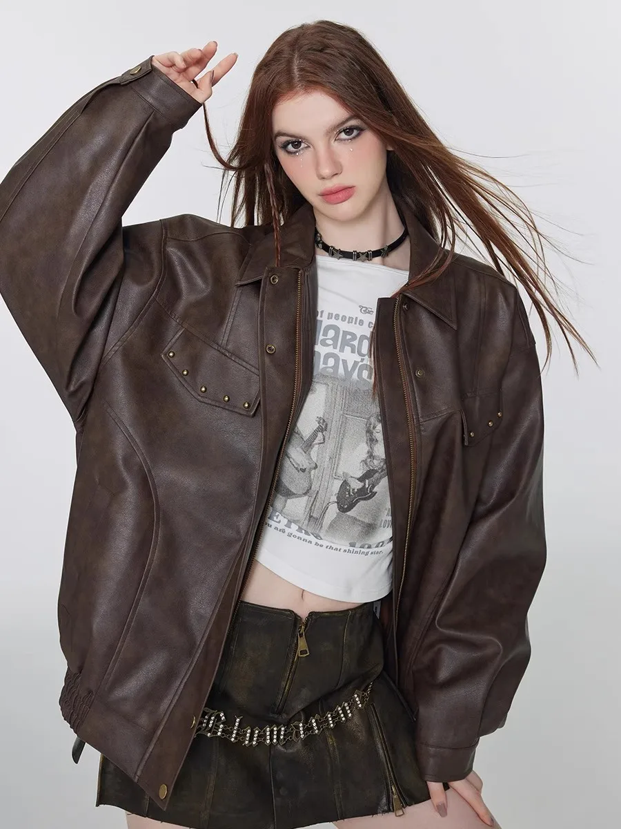 

130-134cmBust Fall Oversized PU Leather Jackets Women American Retro Meilad Willow Rivet Environmentally Friendly Leather Jacket