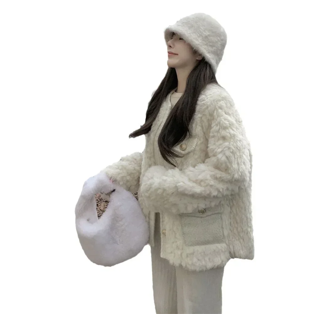 Cappotto in pelliccia sintetica da donna, maniche lunghe, top corti monopetto, cappotti in pelliccia sintetica solida, stile coreano, vendita calda, inverno