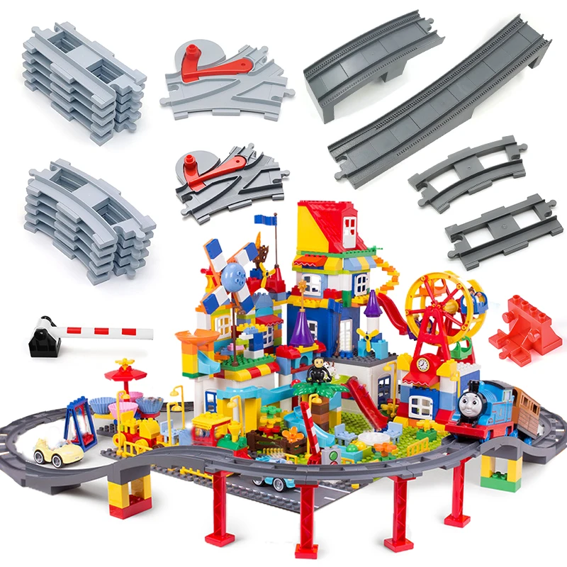 Big Size Building Block Train Tracks Traffic Straight Track Rail Bridge DuploLG Accessories Bricks Educate Toys For Children Gif