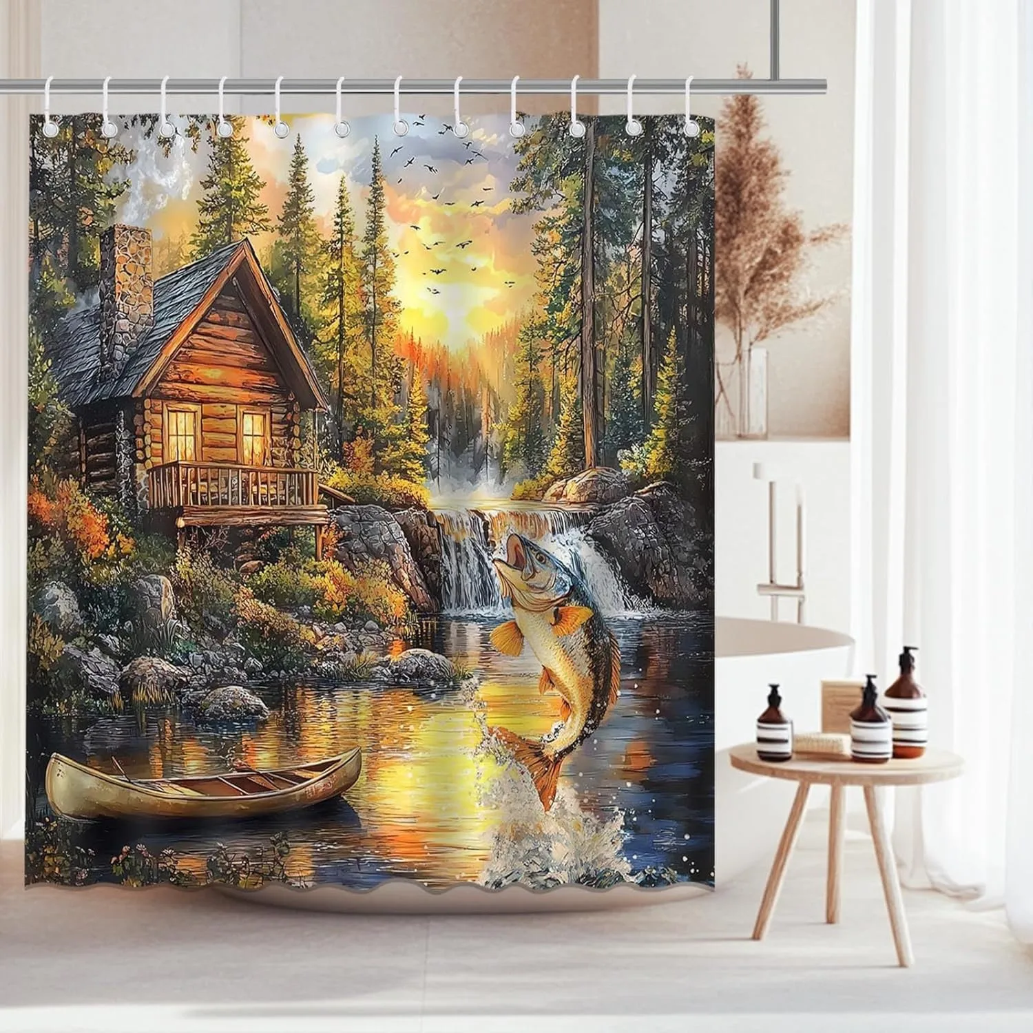 

Log Cabin Lake Fishing Scene Shower Curtain Machine Washable All Season Waterproof Privacy Protection Nature Landscape Design