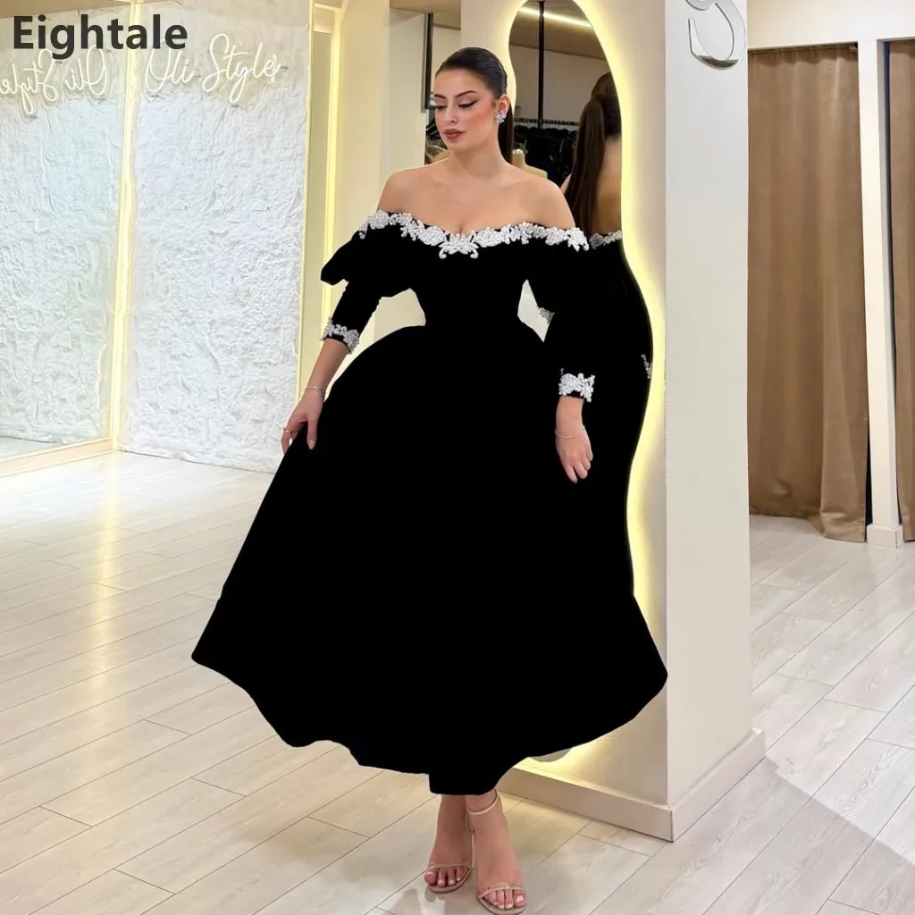 

Eightale 2026 Off-the-Shoulder A Line Black Velvet Beaded Appliques Tea Length Formal Prom Party Gown Customized