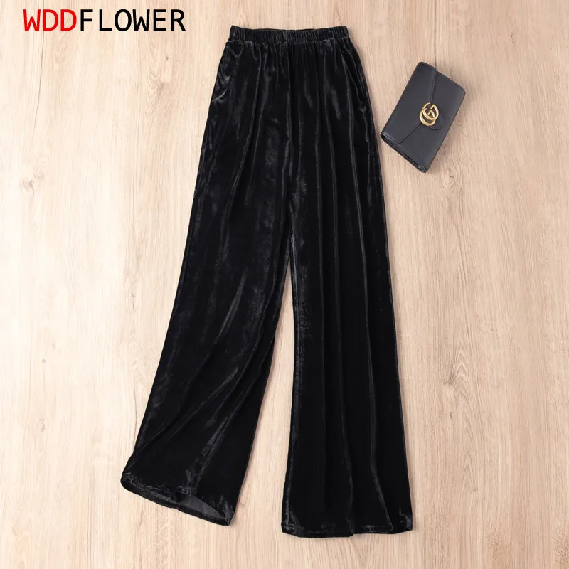 Women Velvet Silk Long Pants Natural Mulberry Silk Loose Type Wide Leg Pants Elegant Trousers Black MM633