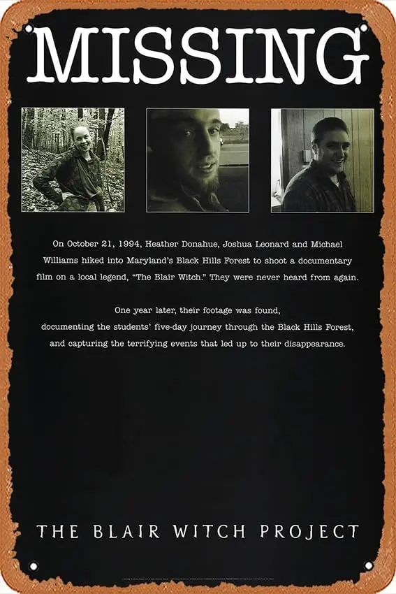 The Blair Witch Project Movie Missing Poster Metal Signs Poster Wall Decor Design for Cafes Bar Pub Beer Club Wall Home Dec sign