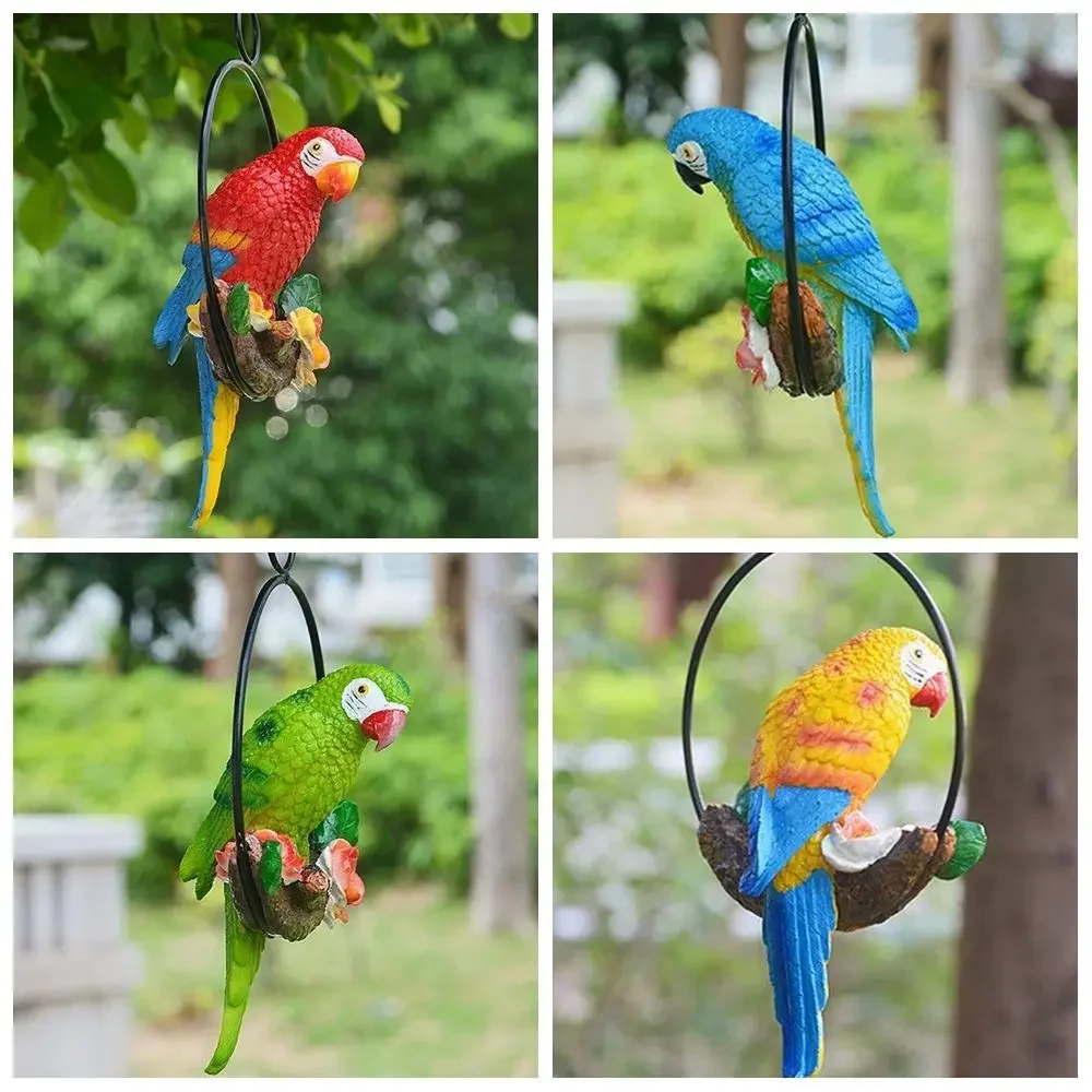 Resin Parrot Statue Iron Ring Perching Bird Statues Artificial Garden Decor Lawn Ornament For Home Office Room Ornaments