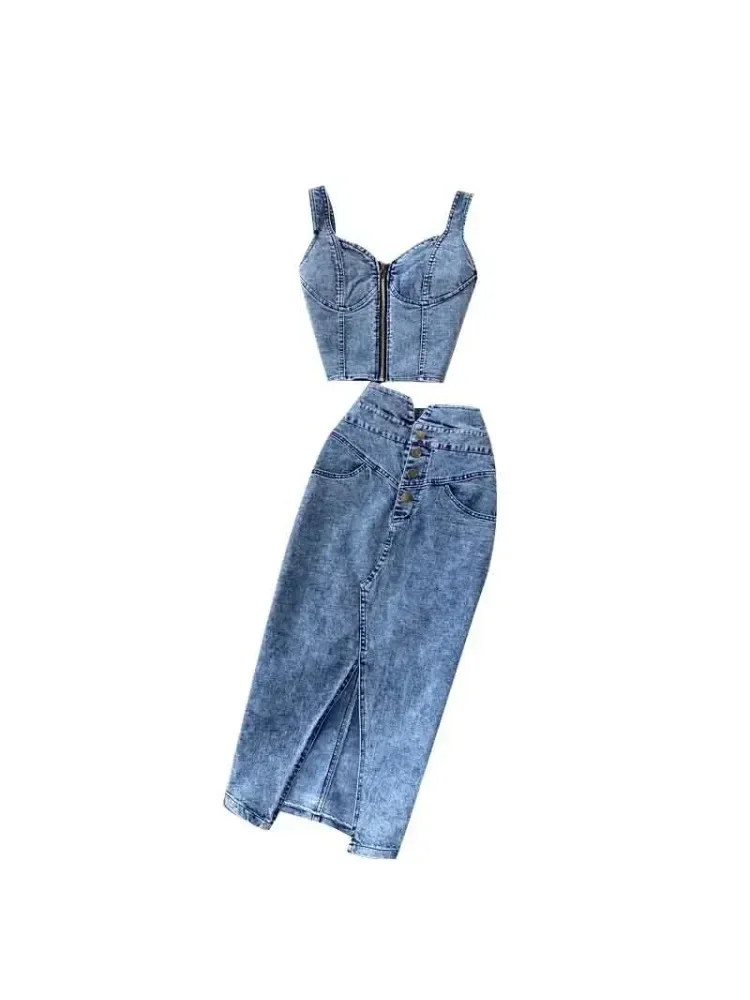 Women Two 2 Piece Set Sexy V-Neck Jeans Vest+High Waist Button-up Denim Skirts Korean Style Office Lady Sleeveless Suits Z316