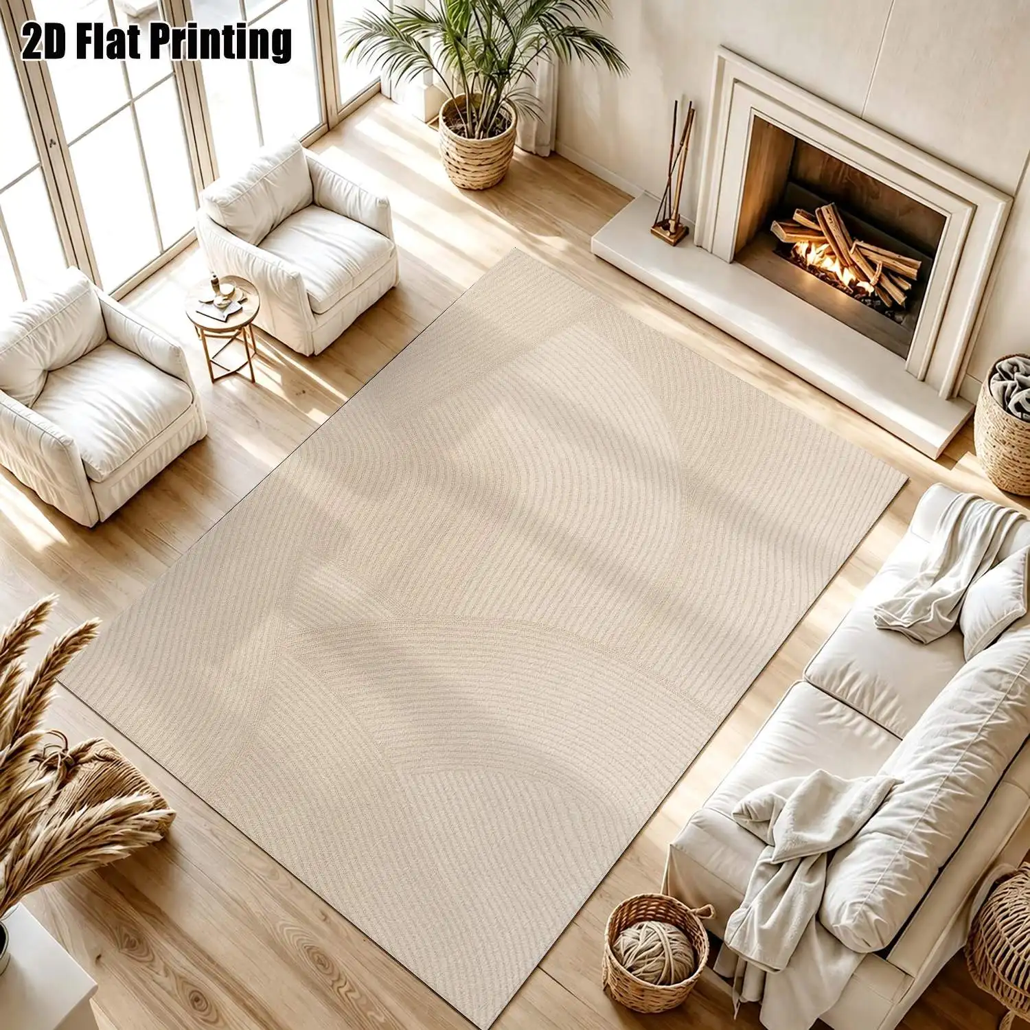 1Pc 2D Printed Beige Geometric Line Nordic-Style Carpet, Instagram-Inspired Modern Minimalist Floor Mat, Abstract Art Striped Carpet, Home Decor, Multi-Size, Machine-Washable, Suitable for Entrance, Dining Room, Foyer, Bedroom, Living Room