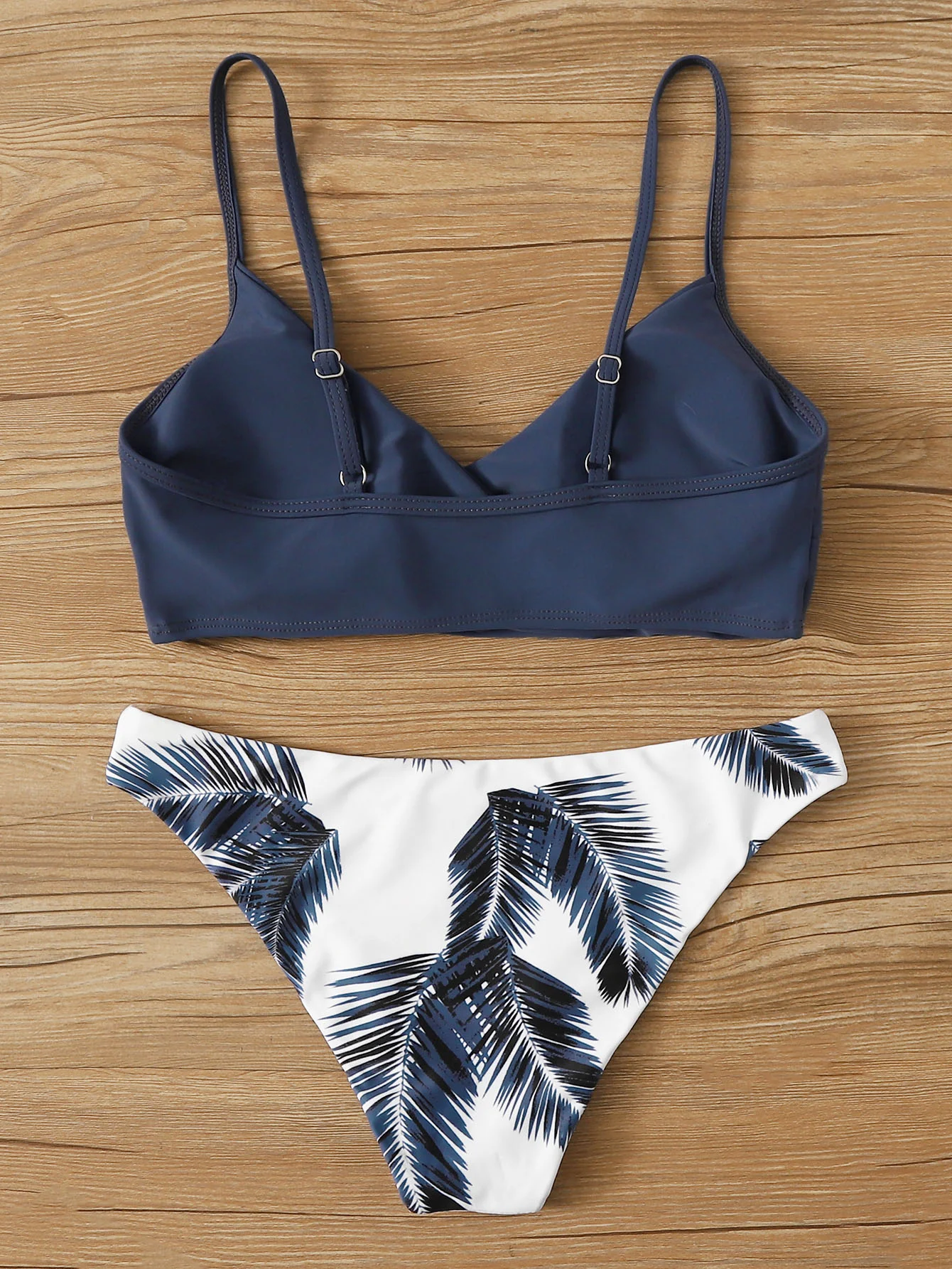 Women's Wrap V Neck Bikini Set - Solid Top & Tropical Palm Print Bottom, Spaghetti Straps High Cut Two Piece Swimsuit for Beach