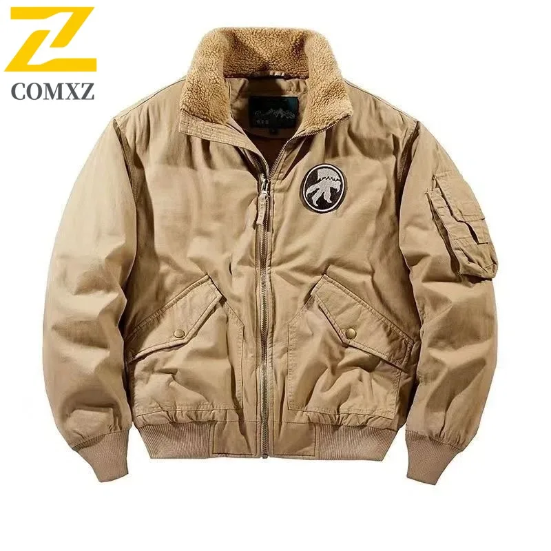 

COMXZ 2025 Winter Men Pure Cotton Thickened Fleece Cotton Jacket Washed Casual Plus Size Loose Workwear Pilot Coat Outerwear​