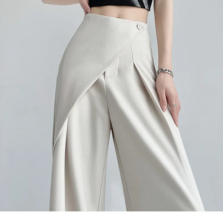 Women's Elegant Asymmetrical Waist Wide Leg Pants, High Waist Pleated Casual Trousers, Daily Office Commute Wear