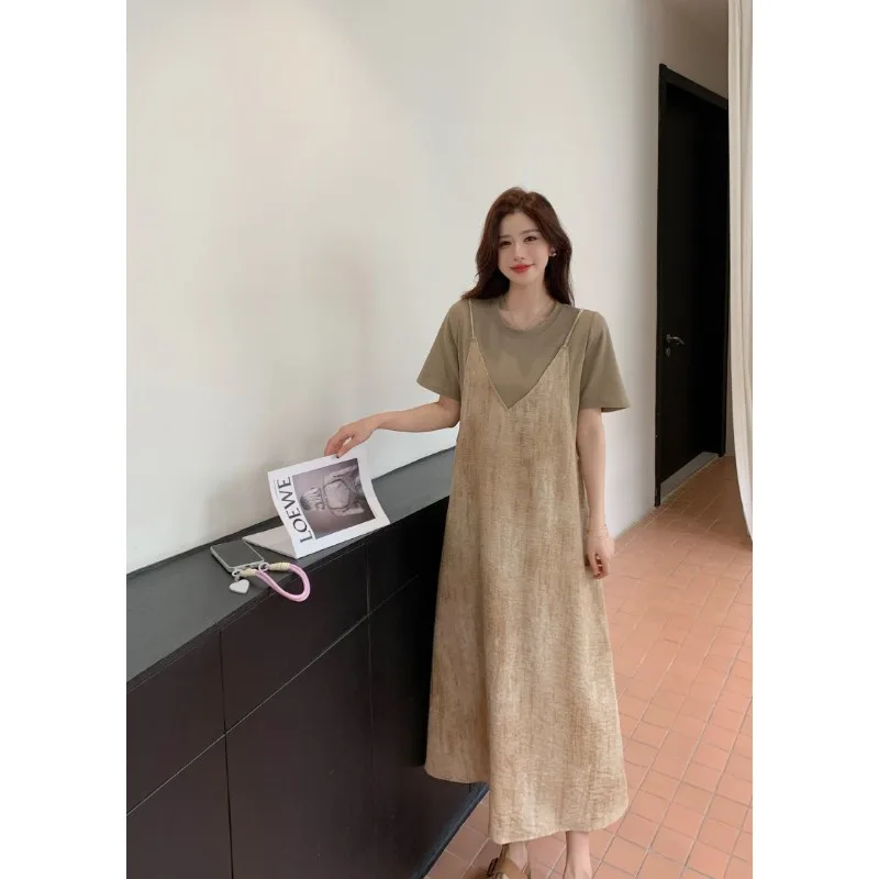 女性用フレンチスマッジドサスペンダードレス フェイクツーピース 年齢を軽減するミッドレングスTシャツ