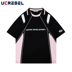 Contrast Paneled Short Sleeve T-shirt  Mens Letter Print Racing Style Sports Cotton Tee Summer Loose Casual Lapel Top Men