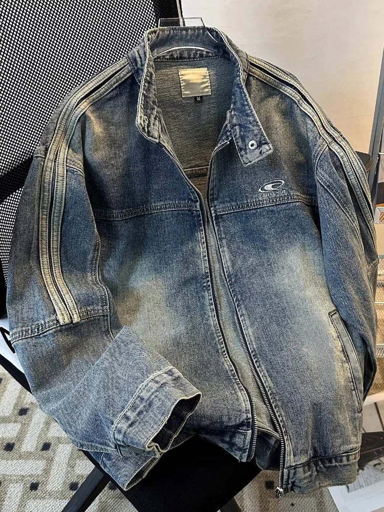 แจ็คเก็ตยีนส์วินเทจทรงหลวม คอตั้ง แขนยาว สไตล์ลำลอง โอเวอร์ไซส์ แนวสตรีท Y2K สำหรับฤดูใบไม้ผลิและฤดูใบไม้ร่วง