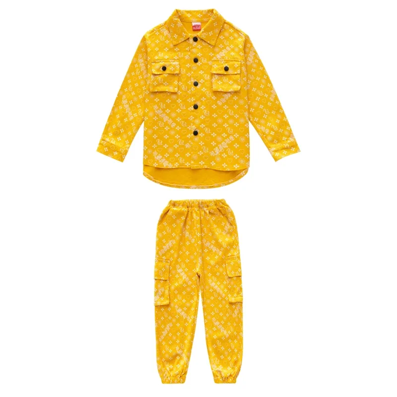 Girls Street Dance Dot Jacket Cargo Pants Boys Yellow Hip Hop Joggers Clothes Set Kids Jazz Print Shirt Child Costume Streetwear