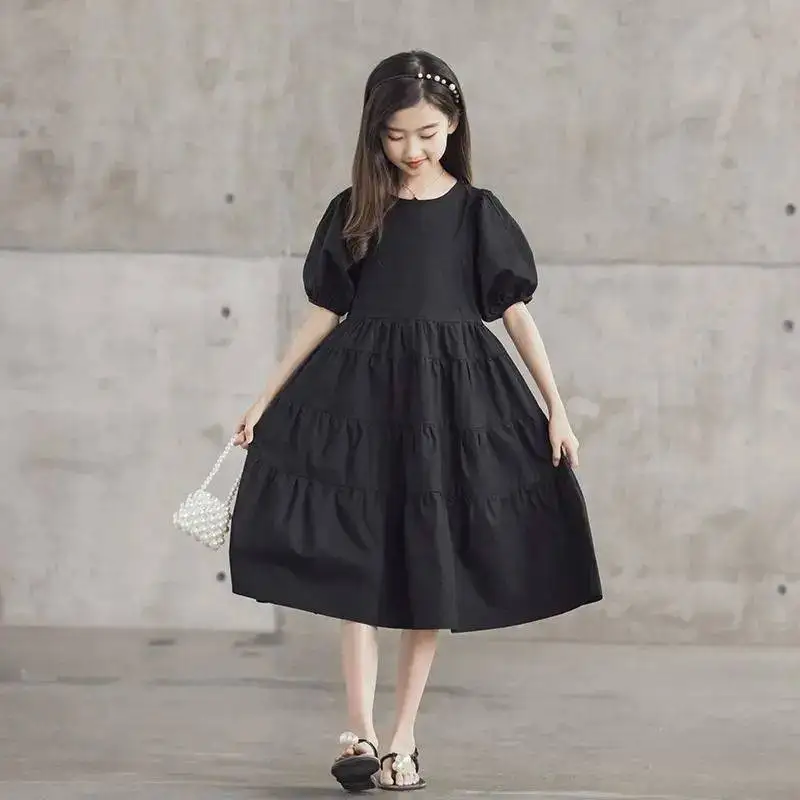 

2022 Girls Summer white Dresses Solid Cotton Swing Dress Puff Sleeve Casual teenager Children Clothing Ruffles 8 9 10 11 12 year