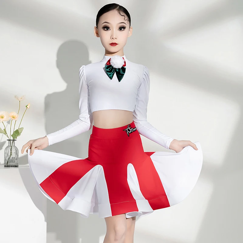 Children'S Performance Dancing Clothes Christmas Latin Dance Costumes Girls White Top Red Skirt Kids Competition Wear SL9519