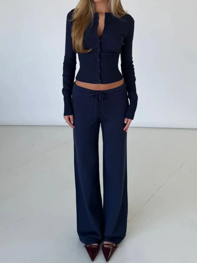 Women Knitted Top Pants Set 2 Piece Casual Long Sleeve Cardigan Sweater Low Rise Wide Leg Pants Y2K Tracksuit Streetwear Outfit