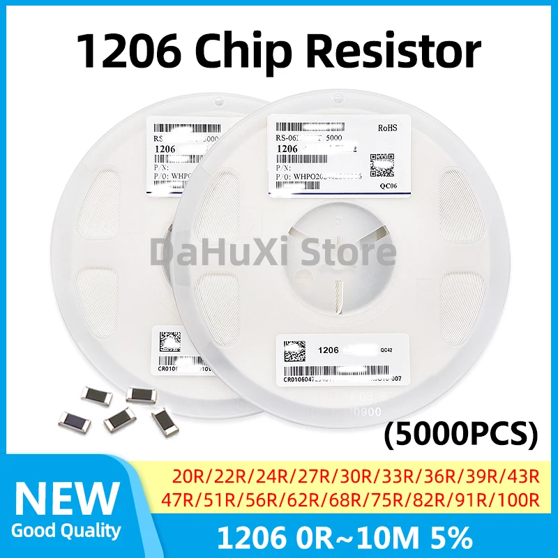 Chip de resistencia fija de 1/4W, piezas, 5000, 1206, 20R, 22R, 24R, 27R, 30R, 33R, 36R, 39R, 43R, 47R, 51R, 56R, 62R, 68R, 75R, 82R, 91R, 100R, 0R ~ 10M ohm