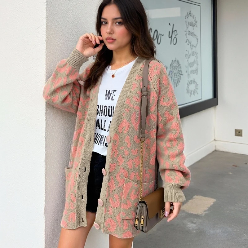 

2025 Korean V-neck Loose Long Sleeve Printed Knitted Cardigan Autumn Winter New Casual Women's Sweater Coat with Pockets