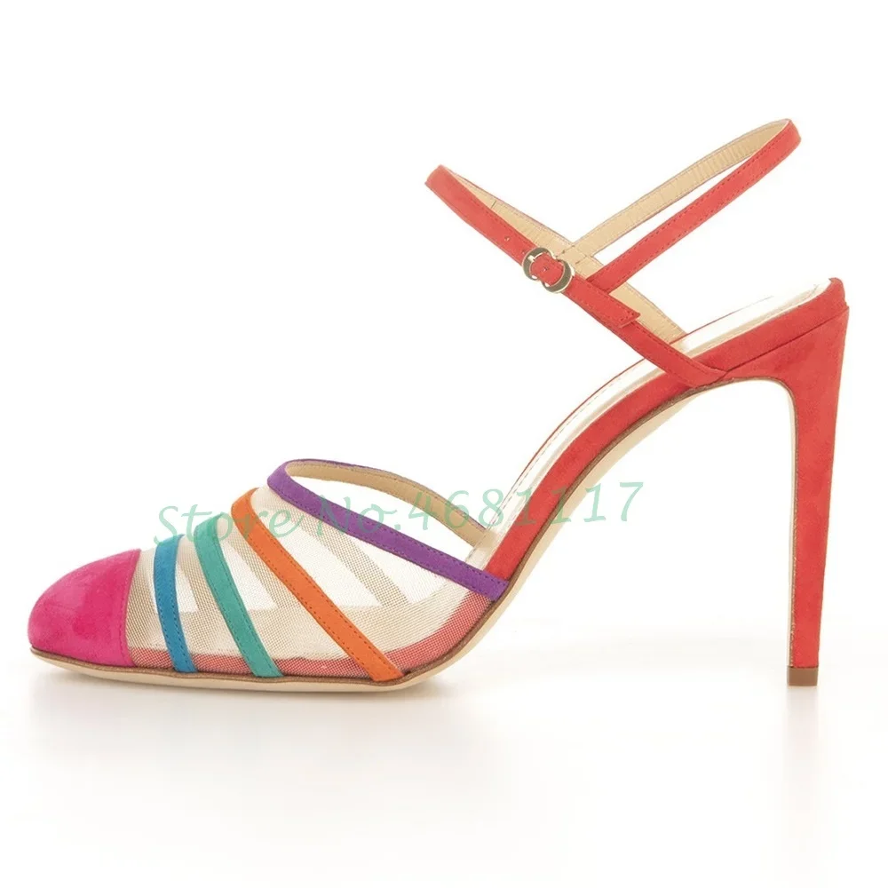 Multicolor Thin Strap Heels Sandals Female Mesh Buckle Strap Super High Heels Casaul Summer Gladiator Trend Women Outfit Sandals