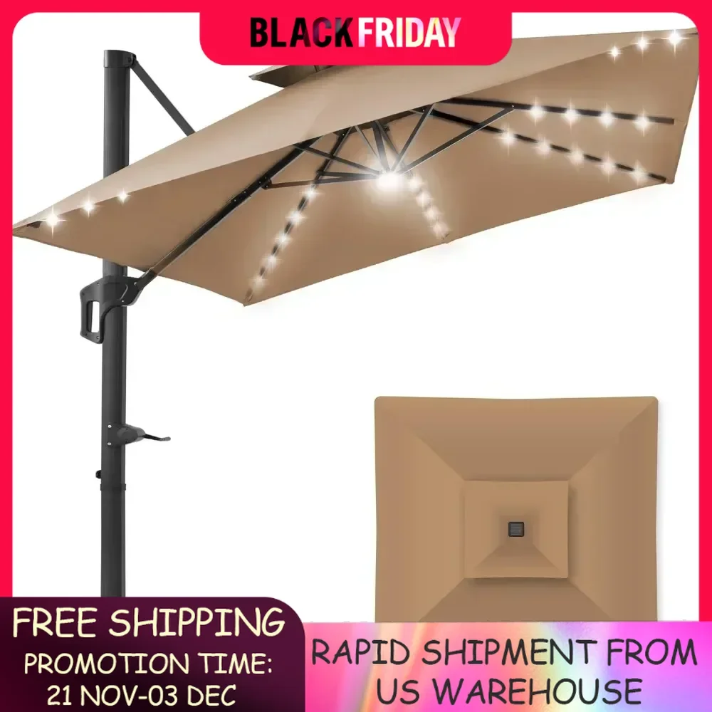 Patio Umbrellas for Double Sided with Fillable Base and Solar LED Lights, 360-degree Rotation, 10ft Outdoor Umbrella