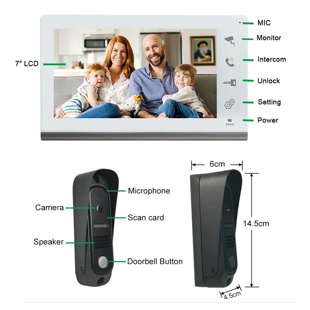 4 Wired Visual Intercom System Radio Frequency Identification Unlock Camera Doorbell with 7-Inch Screen Night Vision