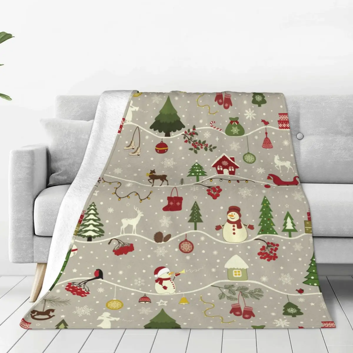 Xmas Greeting Christmas Elements Gifts Blanket Fleece Winter Holiday Tree Reindeer Relax Soft Throw Blanket for Home Rug Piece