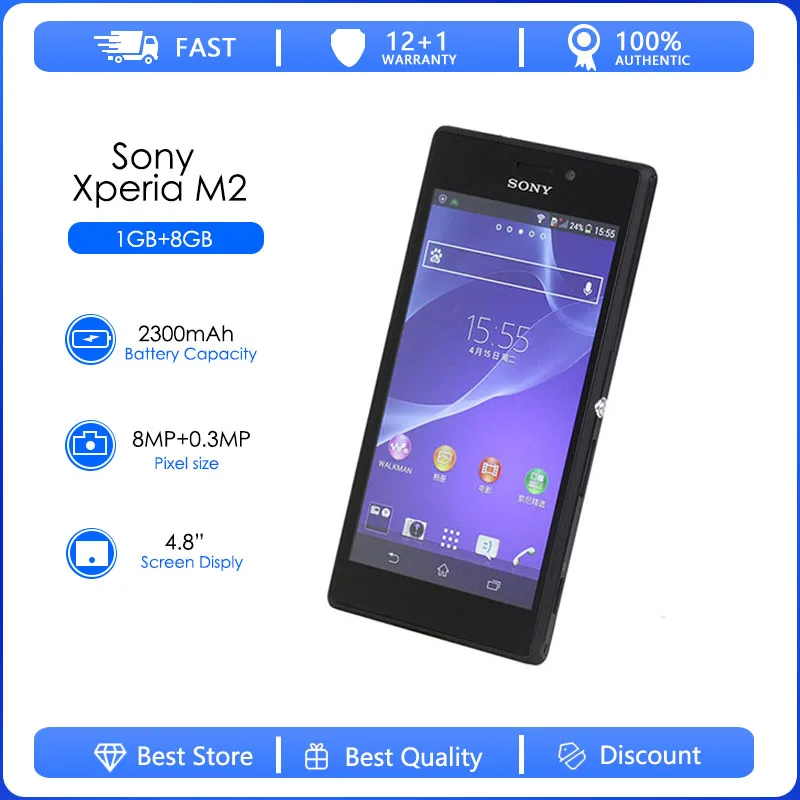 ソニー-携帯電話Xペリアm2 d2303,再生品,オリジナルの無料,1GB RAM,8GB ROM,Android 4.8,クアッドコア,4.3 MP,wifi,1080p,4g