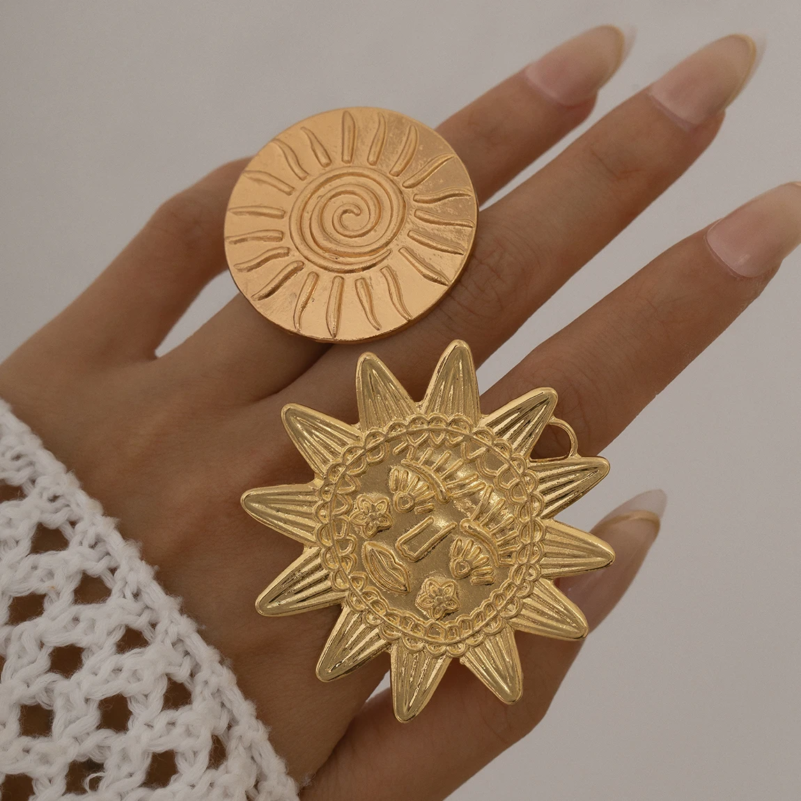 Ingemark Exaggerated Large Sunflower Round Metal Stud Earring Women 2025 Trend Punk Open Adjustable Finger Ring Jewelry Anillos