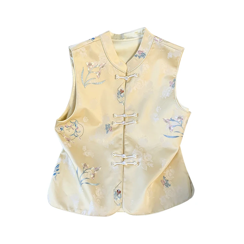 New Chinese Style Eastern Classical Heavyweight Satin Embroidery Stand Collar Button National Trend Hanfu Lady Vest view 5