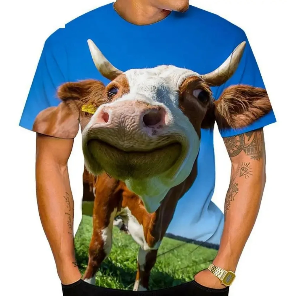 Funny Cow Graphic Men's T-Shirt 3D Animal Print Summer Short Sleeves Loose Lightweight Tops Outdoor Casual O-Neck Men's Clothing