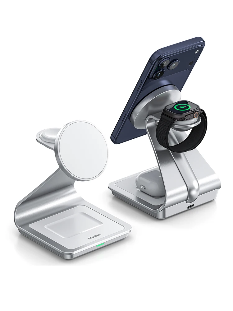 Magnetyczna ładowarka Bonola 3 w 1 z metalową podstawką do iPhone 14/15/16/17 Pro, szybkie bezprzewodowe ładowanie, uchwyt biurkowy do Apple Watch/AirPods — zdjęcie produktu 7