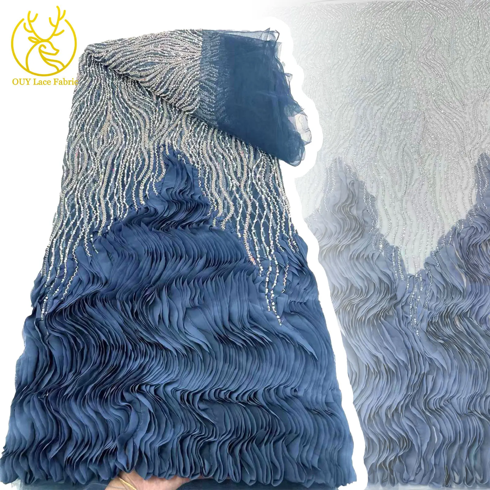 

Latest 3D Wave Beaded Sequin African Lace Fabric 5 Yards French Nigerian Women's Wedding Dress Lace Tulle Fabric Sewn 5 Yards
