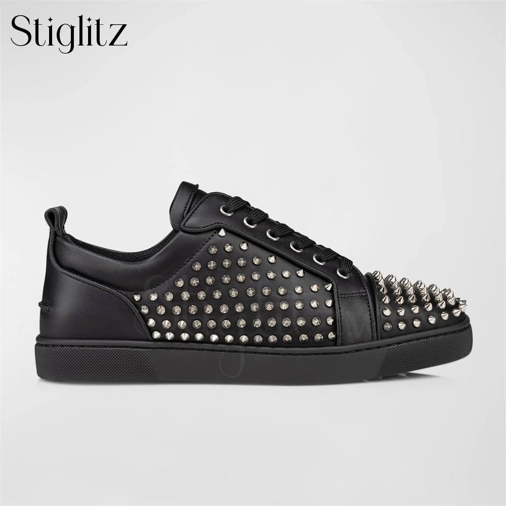 Black Matte Leather Rivet Sneakers Fantasy Colors Yellow Patent Leather Studded Shoes Men's Fashion Designer Style Lace-Up Flats