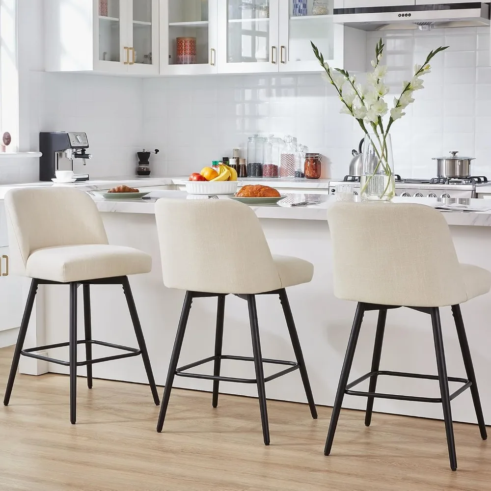 

360°Swivel Counter Height Bar Stools Set of 3,Upholstered Morden Kitchen Barstools with High Backs,26" H Seat Height,Metal Legs