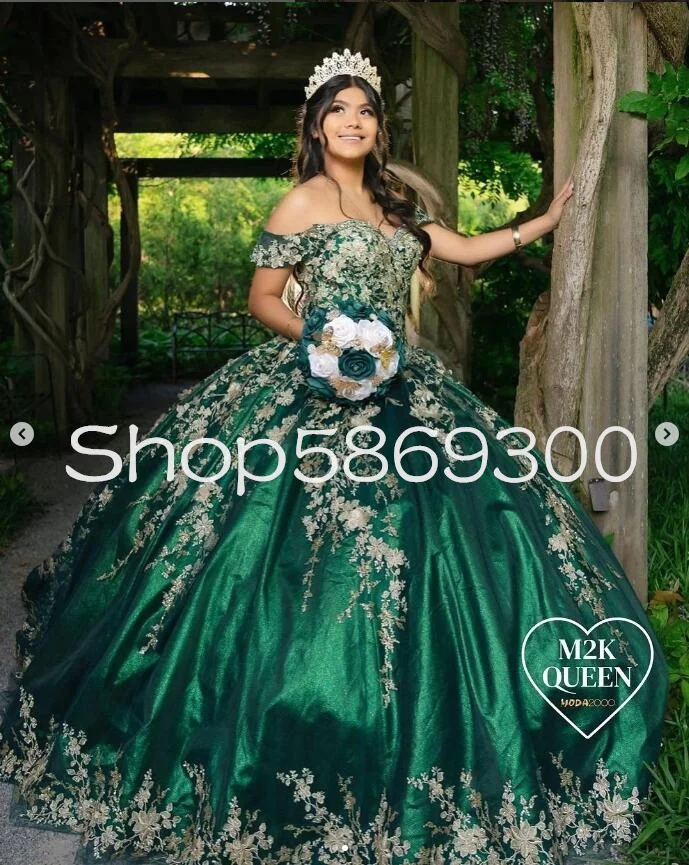 Verde esmeralda 3D Floral Quinceanera Vestidos, Fora do ombro Applique, Capela trem espartilho, Doce 15