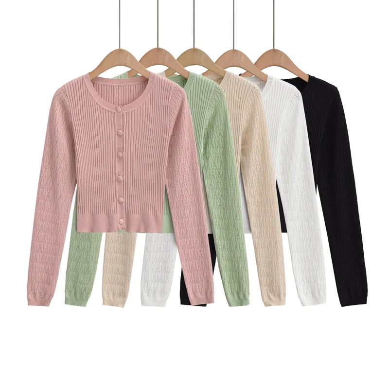 Korean fashion crop cardigan woman sexy cropped sweaters for women 2024 Fall fashion pink cardigans long sleeve top green