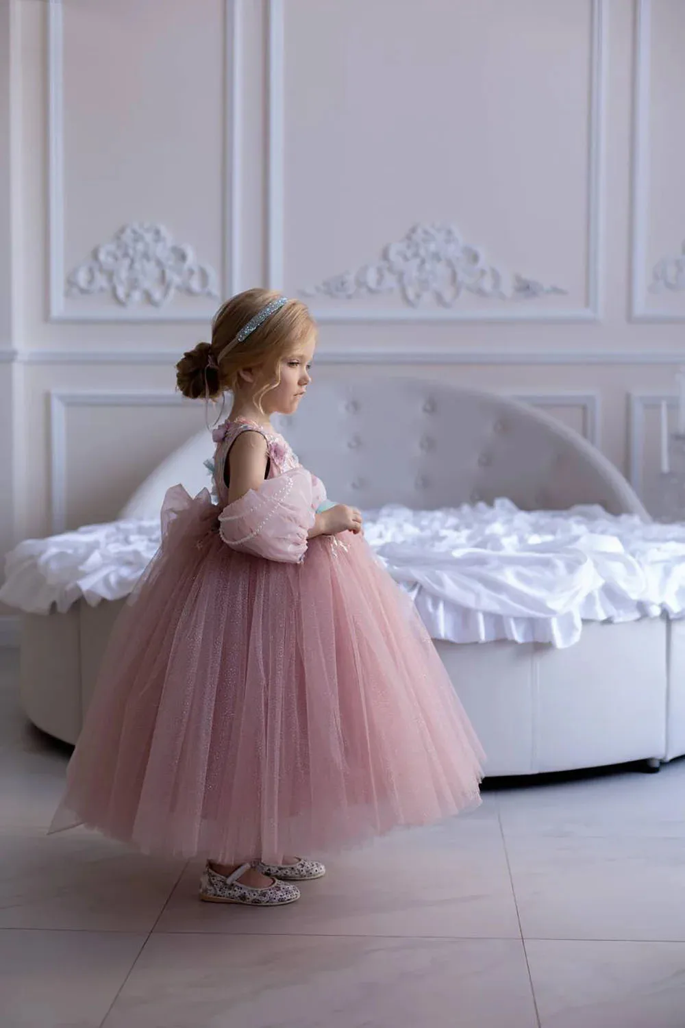 Пыльно-розовые платья с цветочным узором для девочек по индивидуальному заказу на свадьбу, тюль с 3D цветочным жемчугом, великолепное платье принцессы для фотосессии, дня рождения