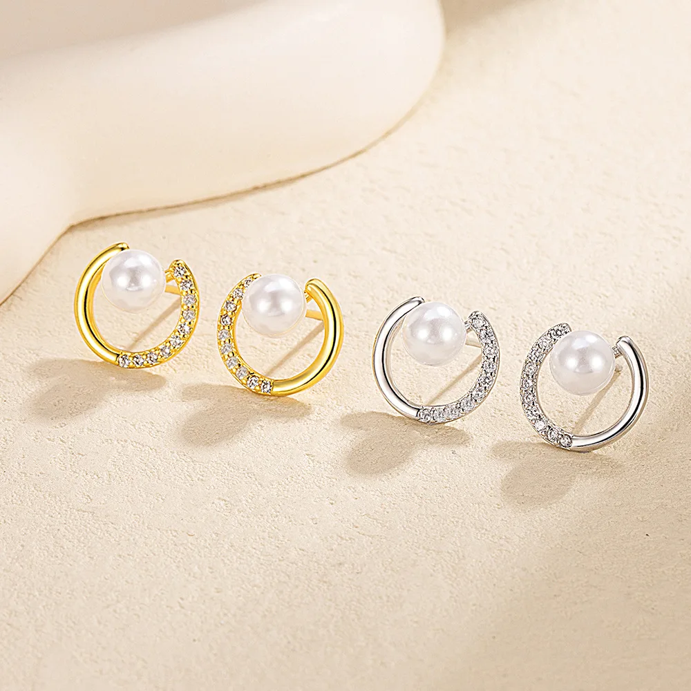 

925 Sterling Silver Geometry Pearl Round Piercing Earrings Woman Earring High Quality Jewelry Accesories Prevent Allergies