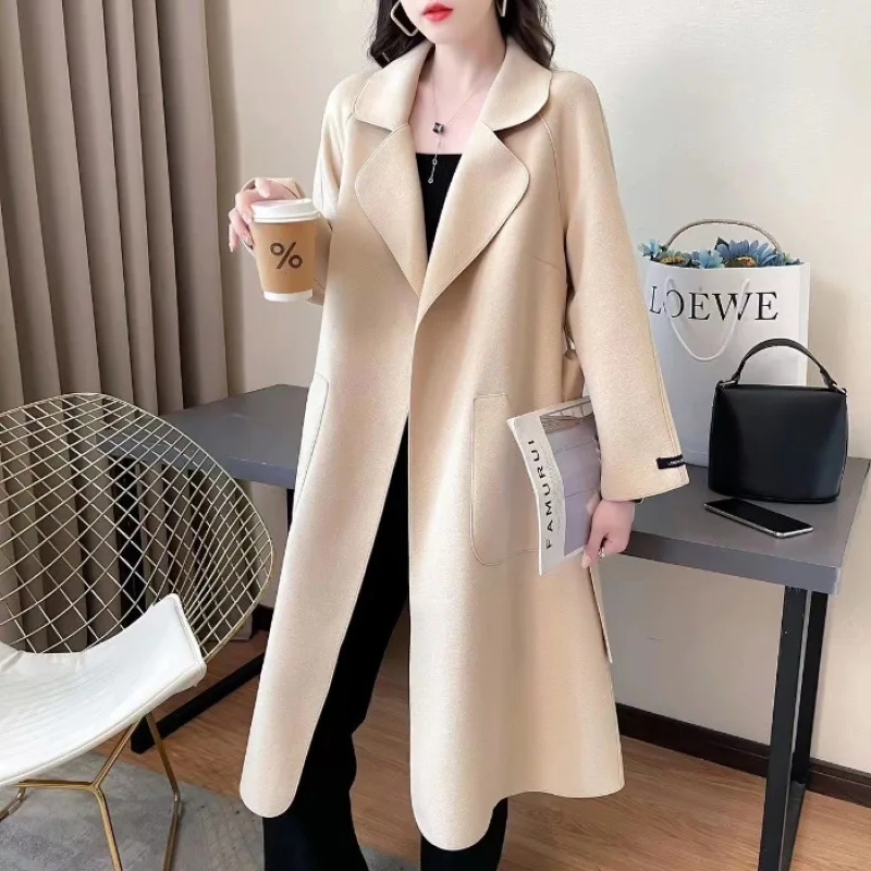 2024 Autumn Winter New Double-Sided Woolen Coat Women's Lace Up Mid To Long Korean Version Loose And Fashionable Slimming Jacket