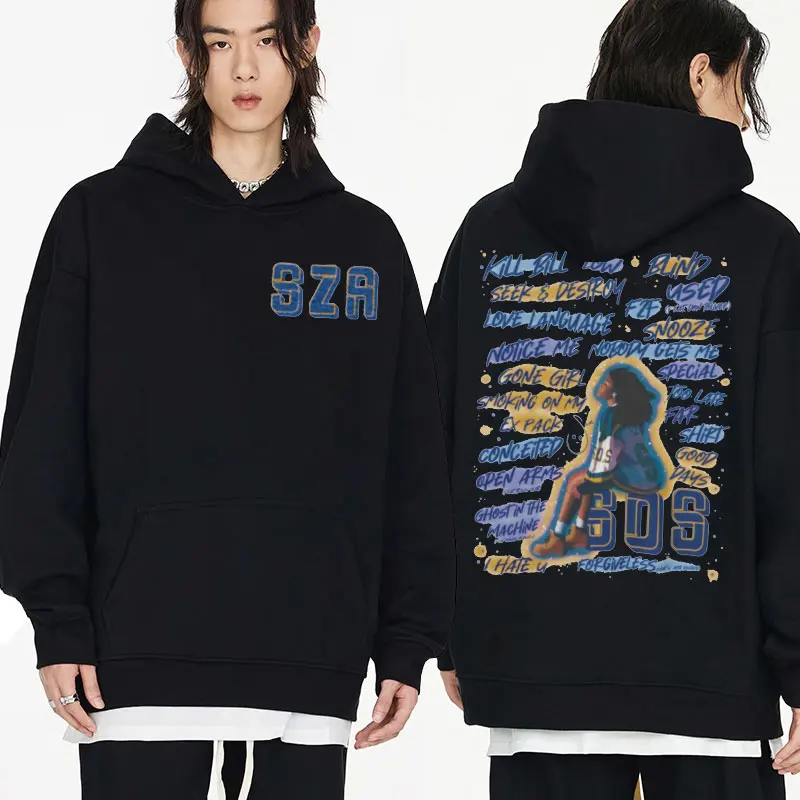 SZA Music Album SOS Graphic Hoodie Double Sided Oversized Hooded Sweatshirts Casual Vintage Hip Hop Fleece Pullover Streetwear