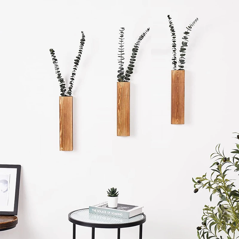 1/3 Wood Wall Vase Planter Decor For Artificial Flower Plants Wooden Plant Holder Wall Plant Pocket Vase Hanging For Living Room