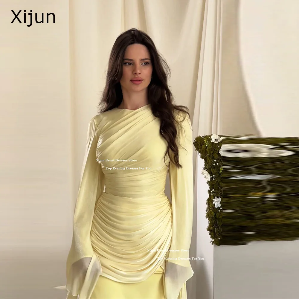 Xijun Luxury Baby Yellow Evening Dresses Mermaid Pleated Cape Sleeves Dubai Prom Dresses O-Neck Formal Prom Gowns Customized